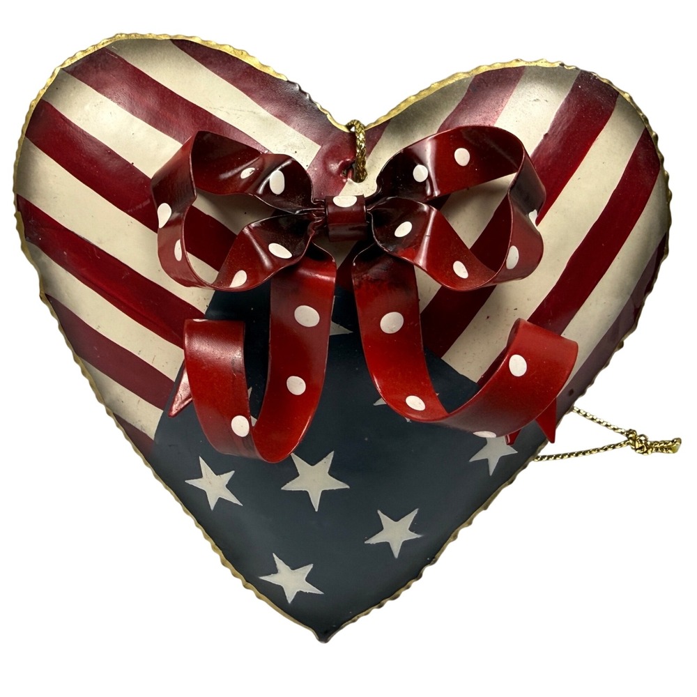 Vintage American Flag Heart Metal Christmas Ornament Stars Stripes Bow USA